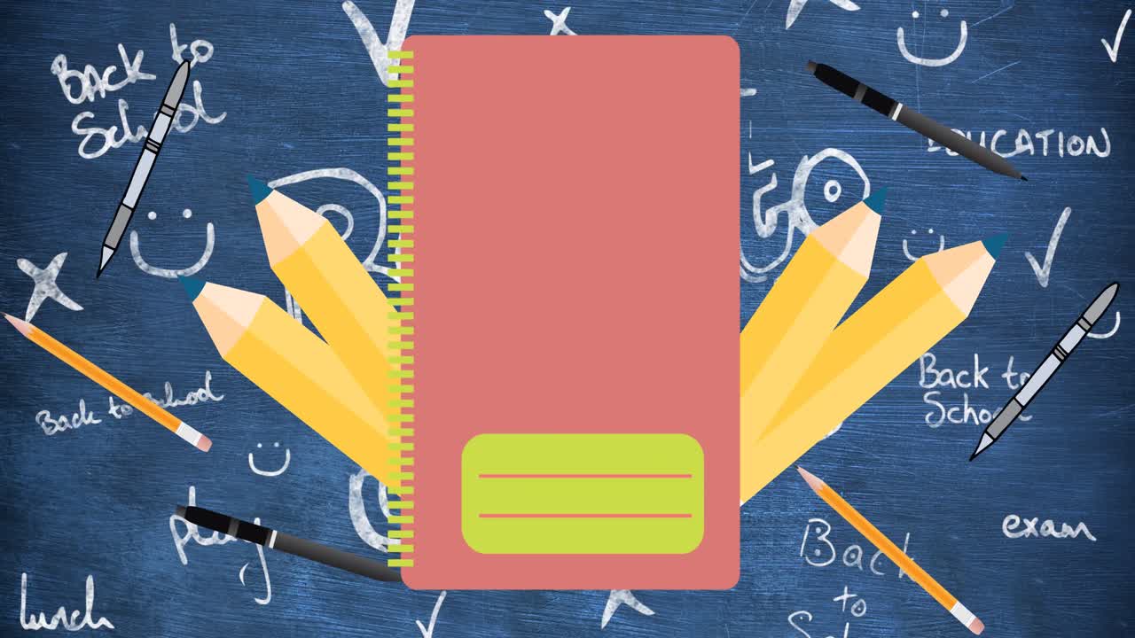 빨간 노트북과 노란 연필의 애니메이션 학교 doodles와 함께 칠판 위에