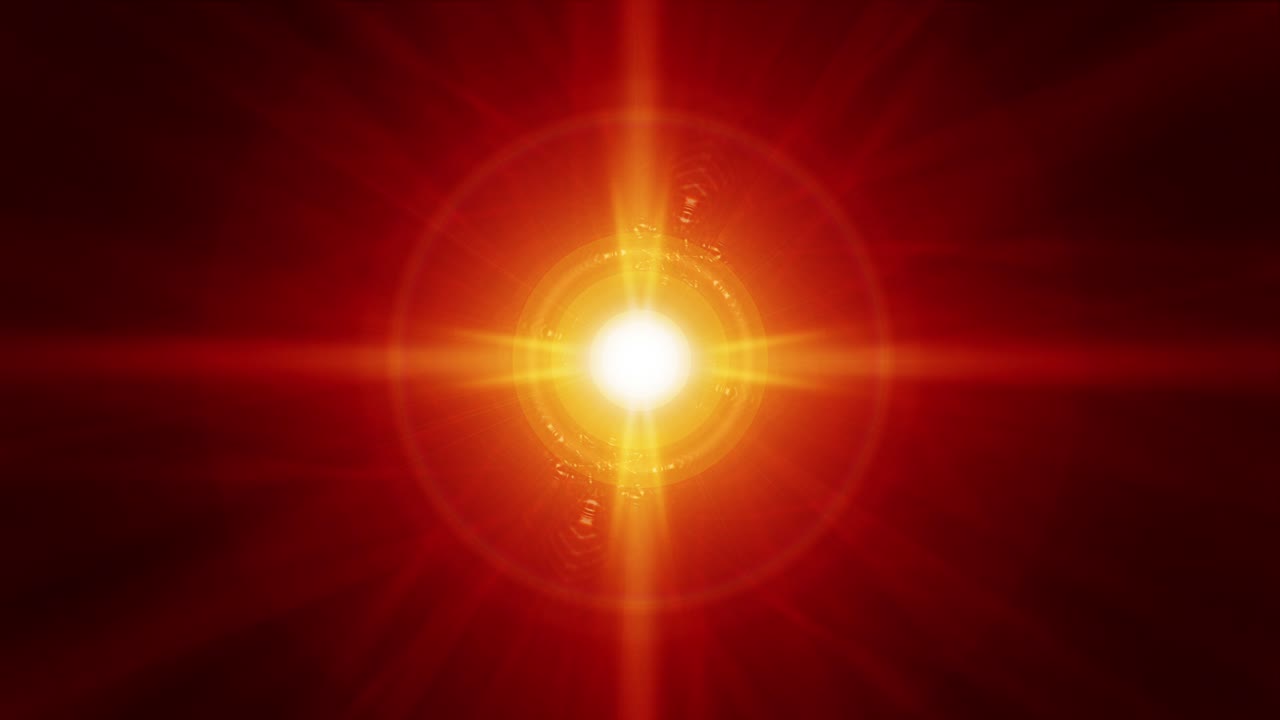 4k bucle sin costuras centro luces de destello simétricas luces de lente óptica llamaradas efecto elemento brillante fondo de arte de animación. luz abstracta rayos de lámpara efecto dinámico naranja color rojo imágenes de video brillante.