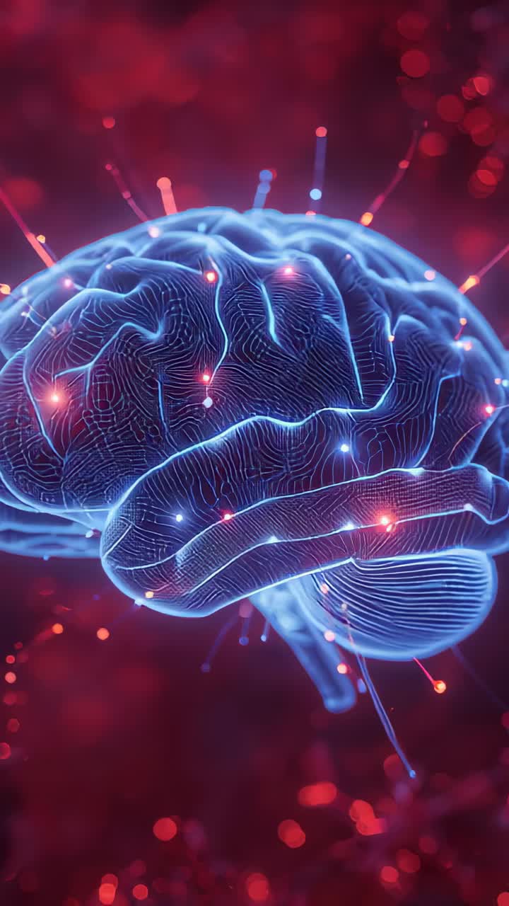 Vertical video: Playback starting, 3D brain model rotating while showing pulsing nodes in red void