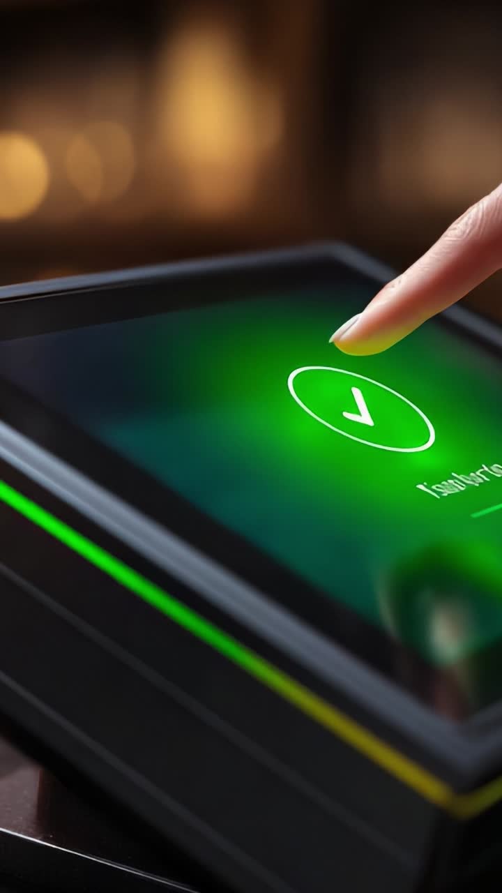User Interaction with Touchscreen Device: Confirming Action on a Modern Digital Interface Featuring Green Confirmation Light Indicating Success and Efficiency