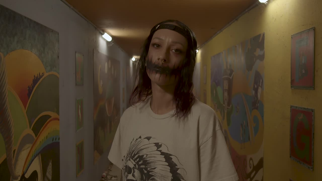 A mesmerizing Halloween makeup journey as a woman showcases stunning artistry in a vibrant art gallery, Blending creativity and hauntingly beautiful designs.