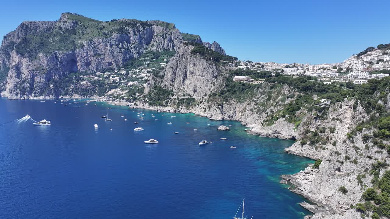 Capri Island At Naples In Campania Italy. Beach Landscape. Tourism Landmark. Capri Island At Naples In Campania Italy. Gulf Of Naples Skyline. Coastal Cityscape. Mediterranean Sea.