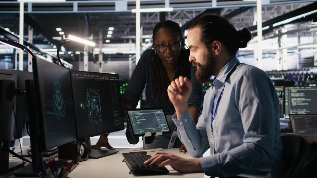 Vertical video Teamworking system administrators in data center using AI automation