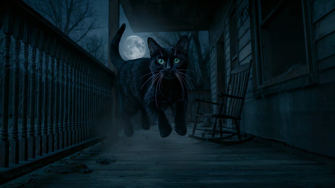 月が昇り、黒猫が身をかがめ、ロッキングチェアのそばの玄関で飛び跳ね、ほこりが散らばる。