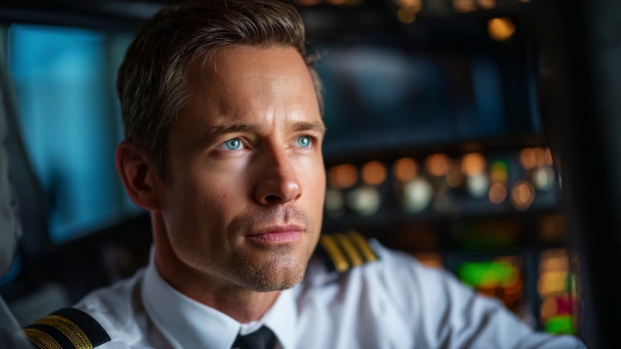 Focused Pilot in Cockpit: Captivating Journey Through Aviation, Showcasing Precision, Skill, and Responsibility in Modern Flight Operations and Aircraft Management