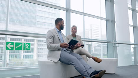 tablet, teamwork and research with business people