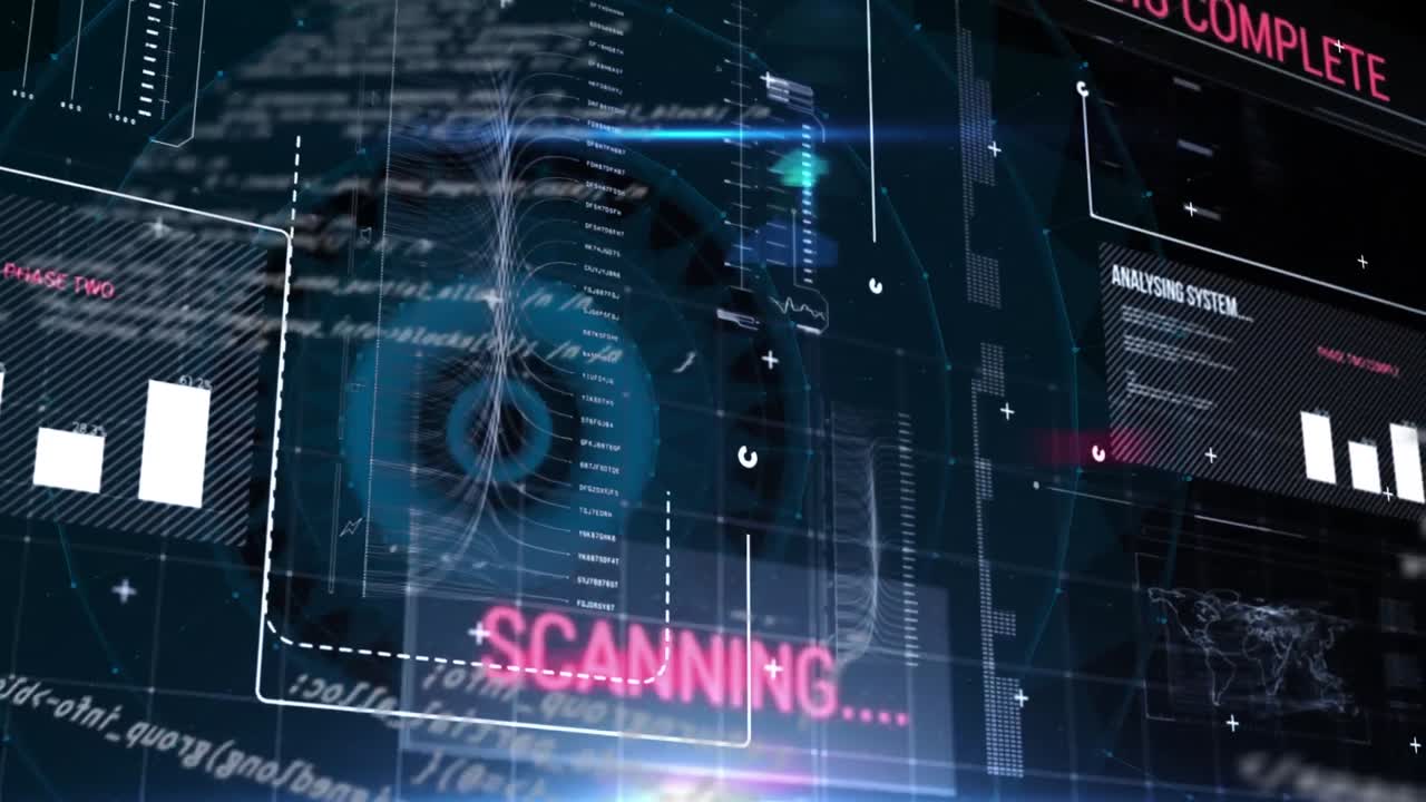 Animation of data processing and diagrams on black background