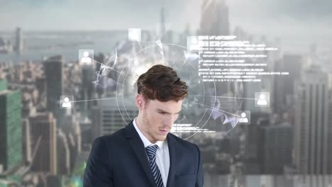 animación de un empresario caucásico sobre diversos datos, el mundo y el paisaje urbano