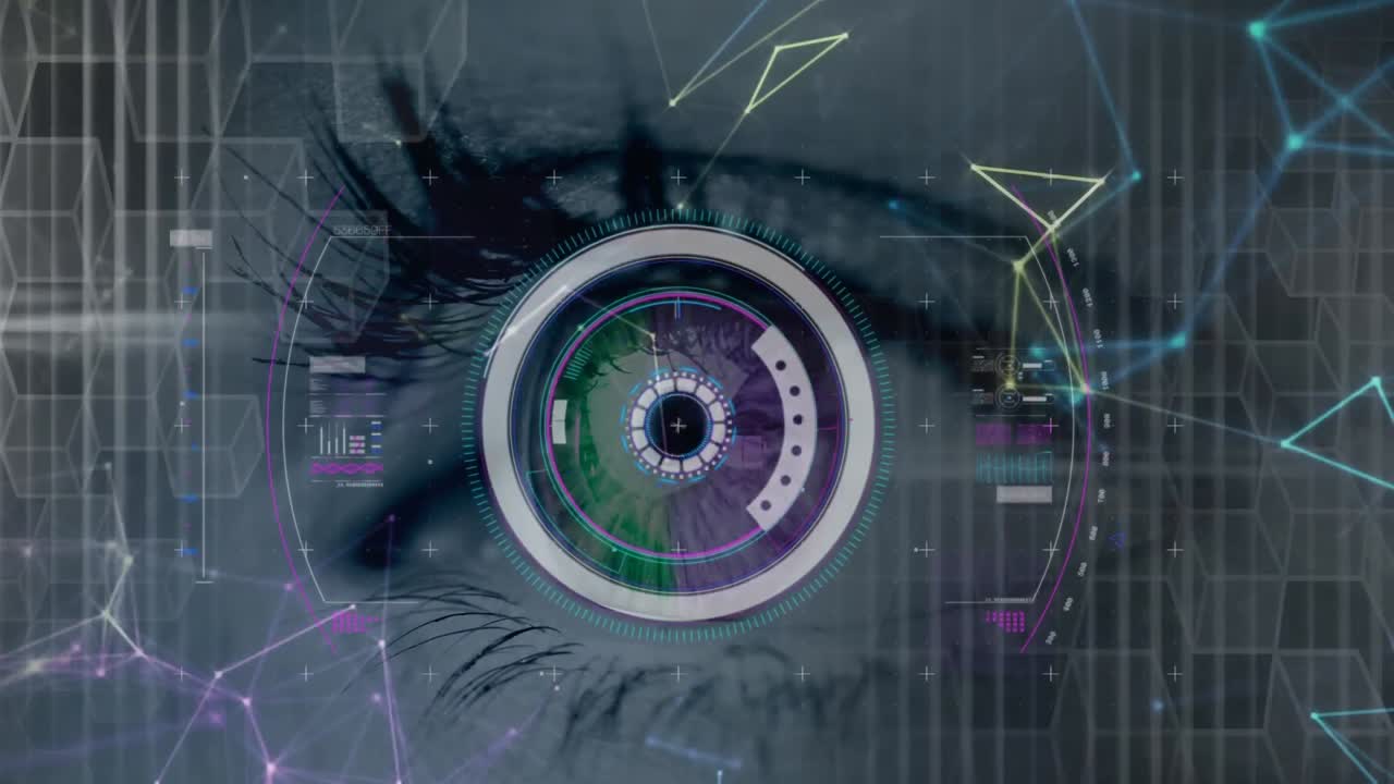 red de conexiones contra el escáner redondo sobre el primer plano del ojo femenino