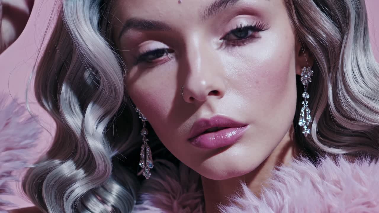 Fashion model exhibiting an elegant hairstyle and sparkling diamond earrings, wearing a pink fur coat while posing in a studio with a soft pink background, radiating glamour and sophistication