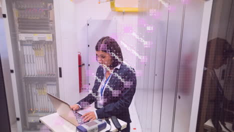 animation of dna strand over biracial woman in server room