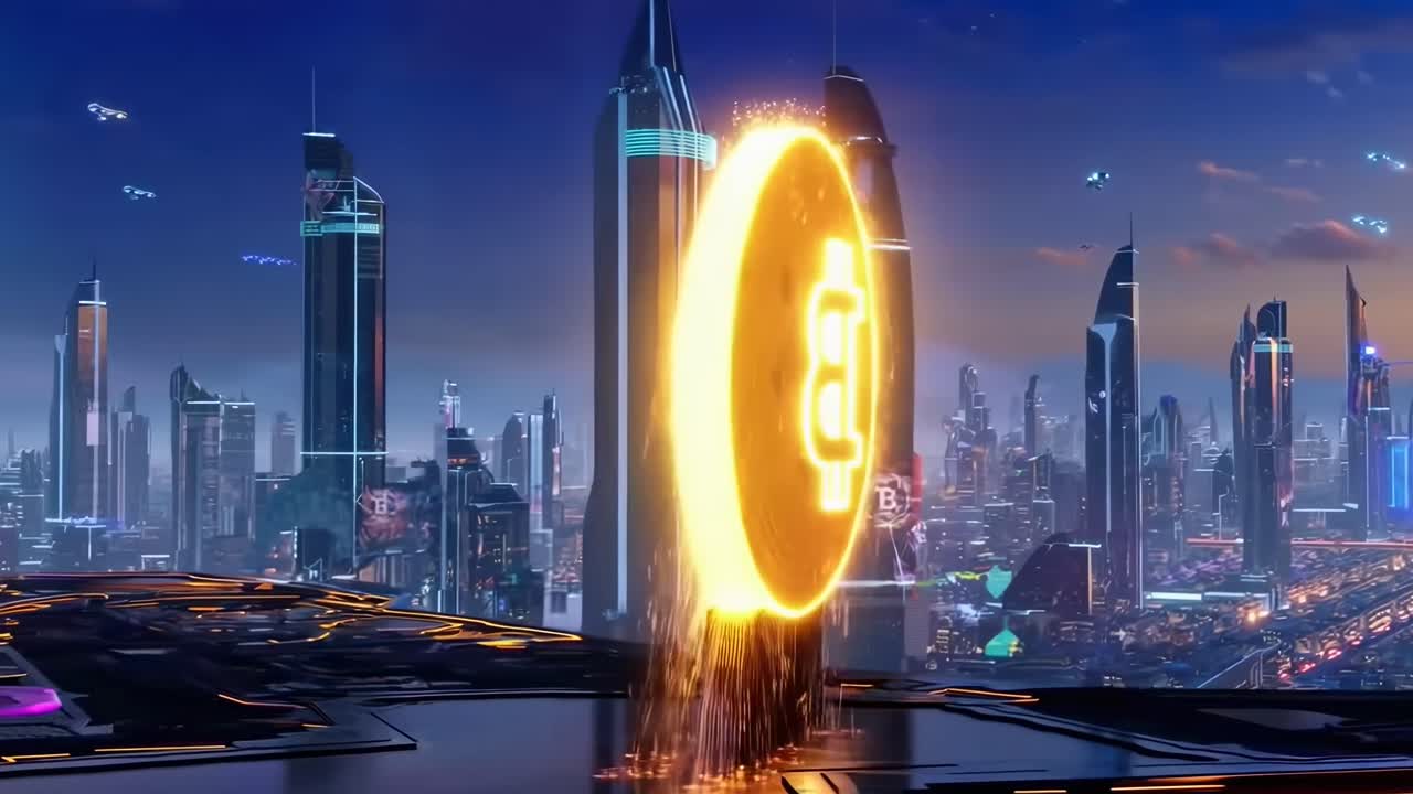 Futuristic cityscape with glowing Bitcoin, low-angle shot, ideal for a tech video