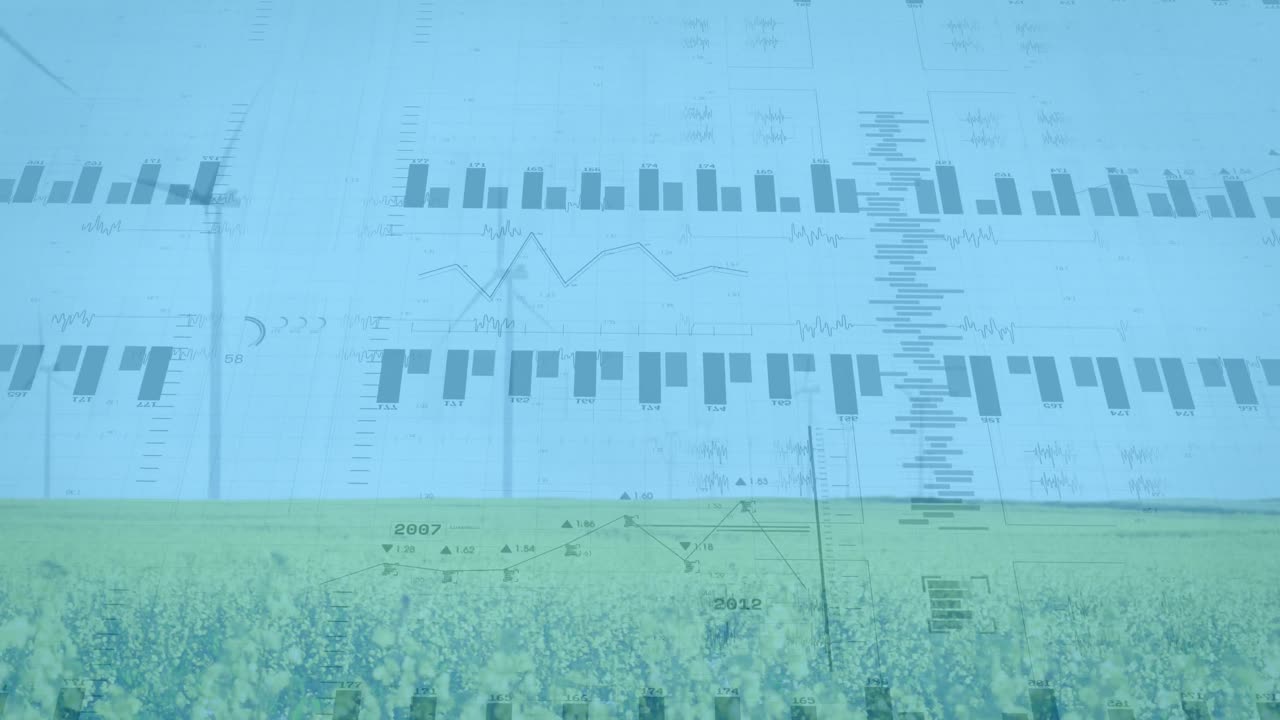 풍력 터빈과 풍경에 대한 금융 데이터 처리 애니메이션