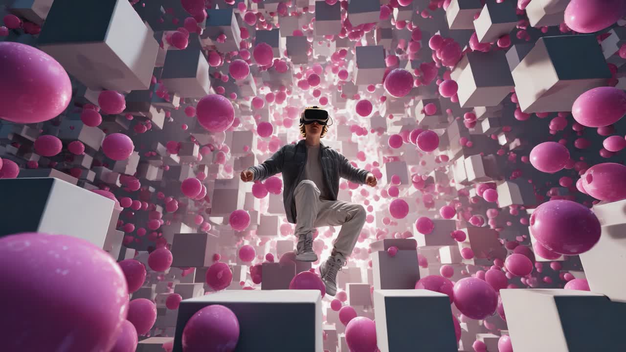 A person wearing a virtual reality headset levitates amid a surreal digital environment, surrounded by floating geometric shapes and colorful spheres, exploring a vibrant 3D world