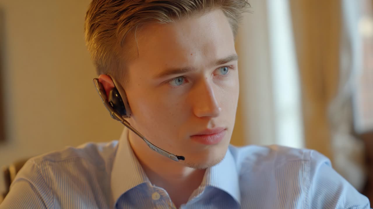 Engaged in Conversation: A Focused Young Man with a Headset in a Bright Room, Listening Attentively and Communicating with Poise and Clarity