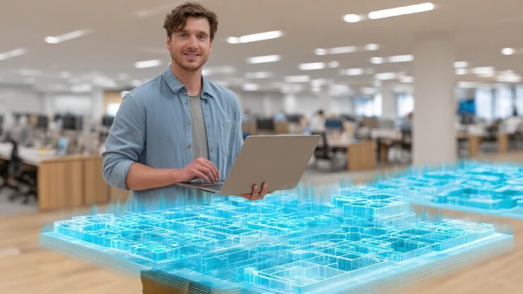 A Professional Engages with Innovative Digital Renderings in a Modern Office Space, Showcasing the Intersection of Technology and Design in Urban Planning
