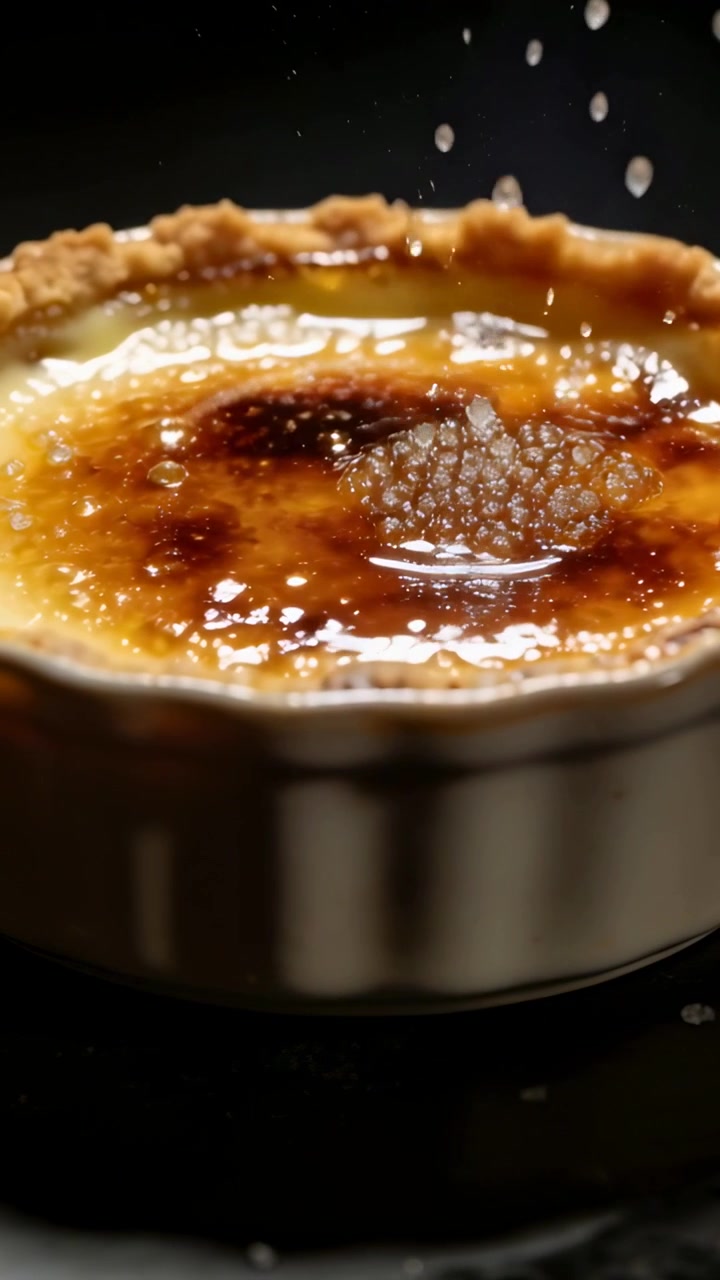 Vertical video: Sprinkling sugar droplets striking creme brulee in ramekin on table
