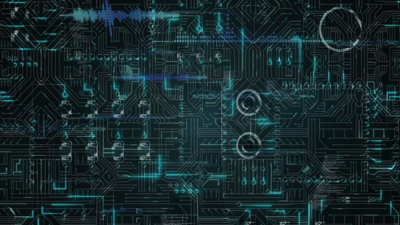 animación de ondas sonoras sobre el patrón de la placa de circuitos contra un fondo negro
