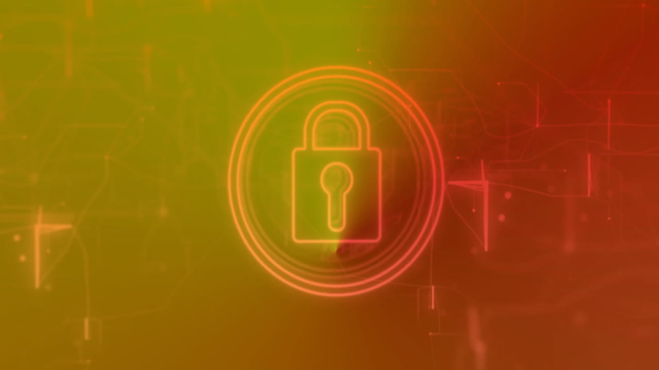 Neon padlock icon glowing at center with rotating concentric rings on color gradient interface