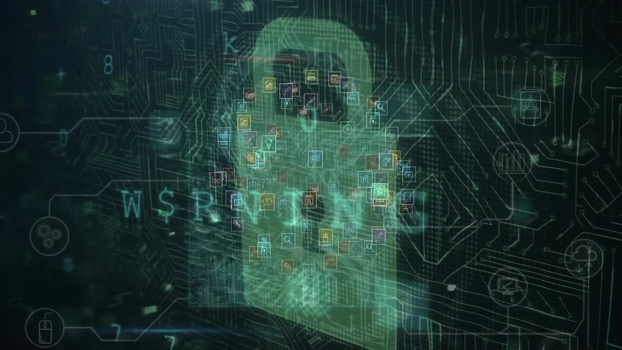 Animation of padlock with circuit board patterns and computer icons with text on abstract background