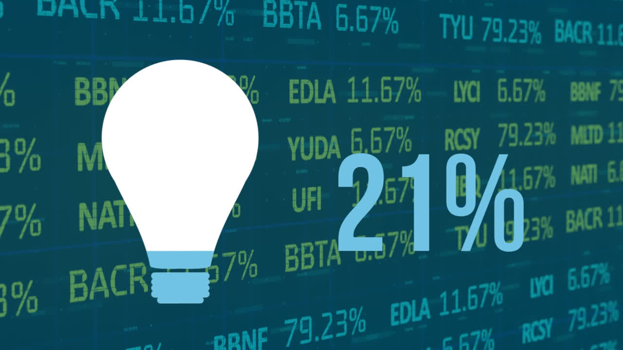 Animation of light bulb and percent filling up with blue over financial data processing