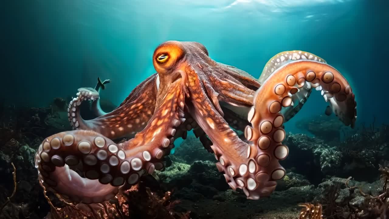 Underwater video scene of a vibrant octopus with a wide-angle view video. Live desktop wallpaper