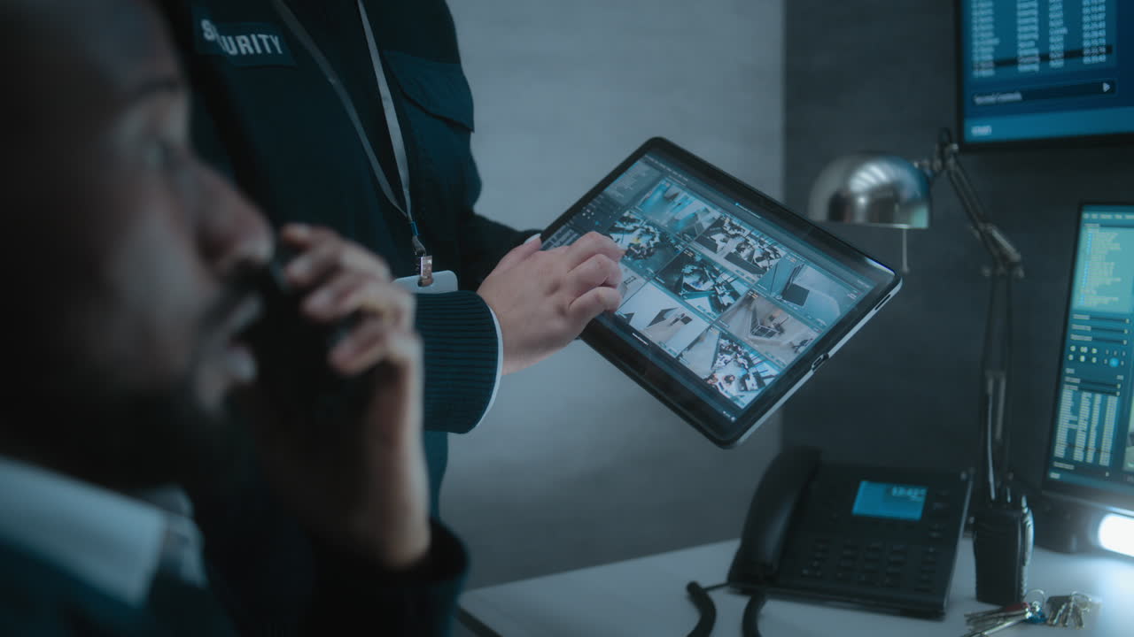 Security personnel monitoring CCTV feeds in a control room