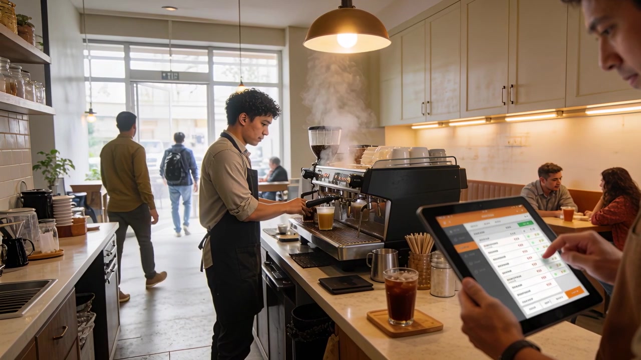 Cassiere che tocca il tablet POS prendendo ordini in un caffè locale, mentre un barista con il grembiule usa la macchina da caffè espresso.