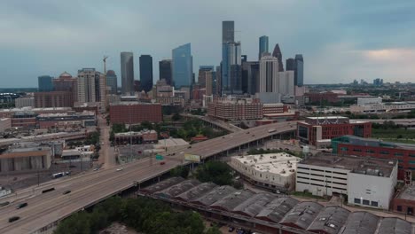 drone view of downtown houston on a cloudy day