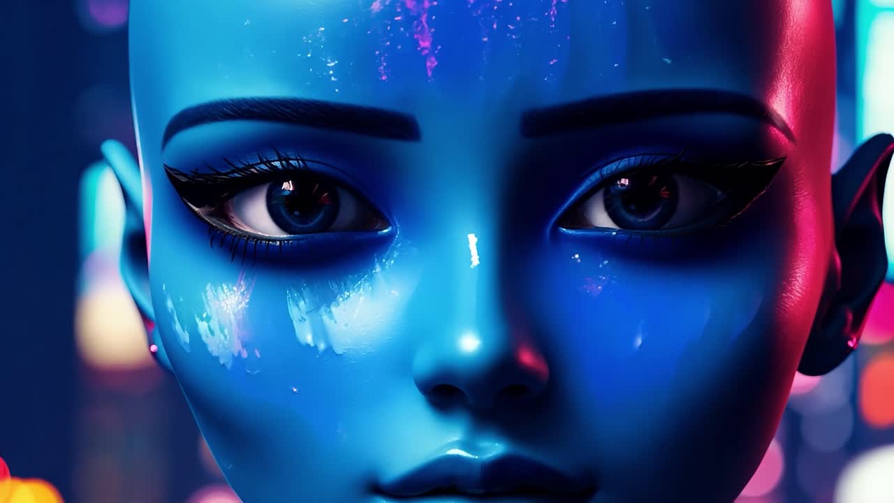 retrato en primer plano de una hembra de piel azul con ojos brillantes