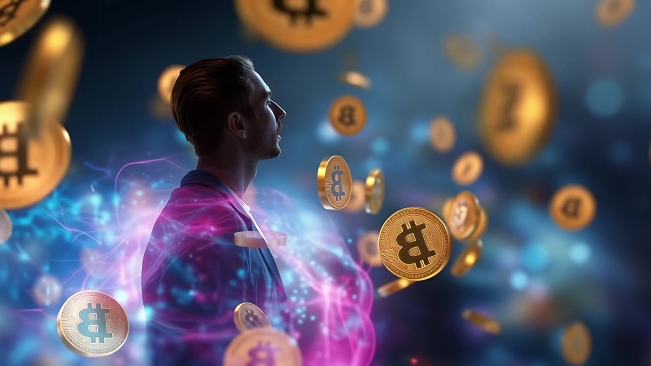 Uomo che osserva monete Bitcoin cadere in uno spazio digitale futuristico