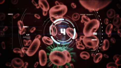 animación de un escáner circular sobre los glóbulos rojos y la célula de covid 19, con procesamiento de datos