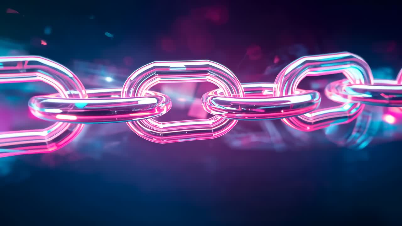 On loop camera zooming panning neon-lit chain in dark void showcasing neon glow drifting fragments