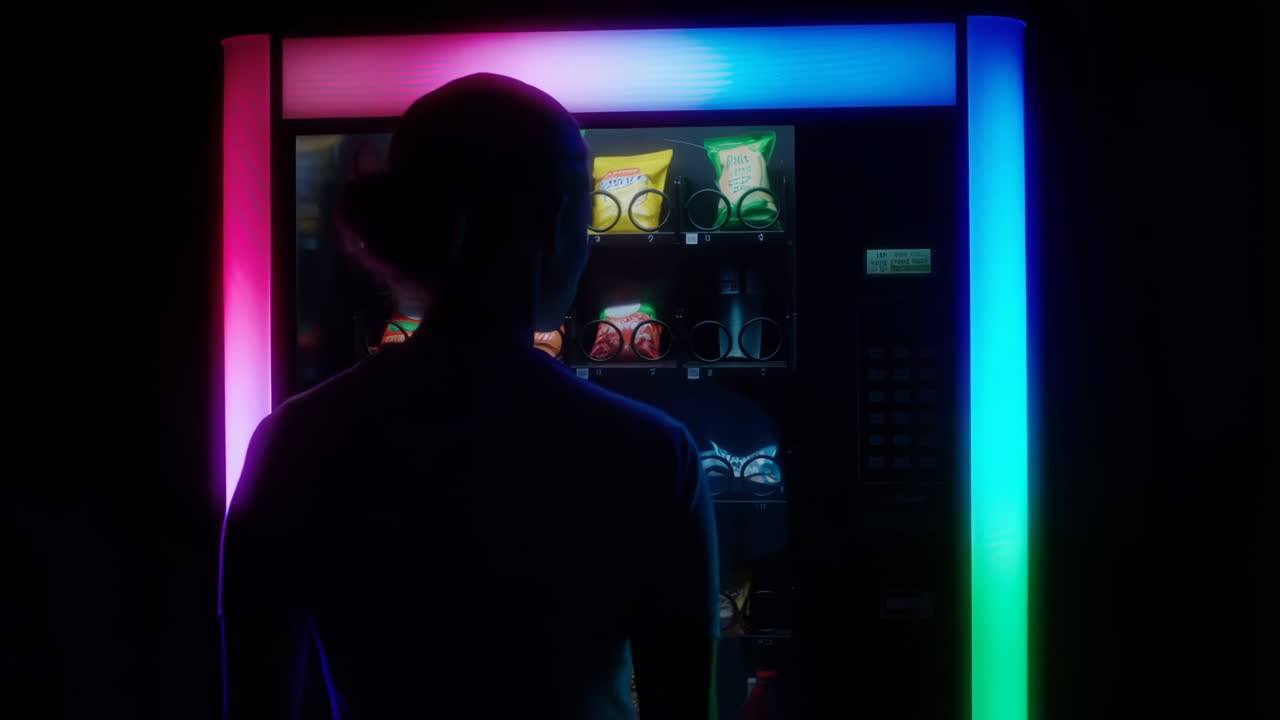 Persona in silhouette contro un distributore automatico illuminato al neon