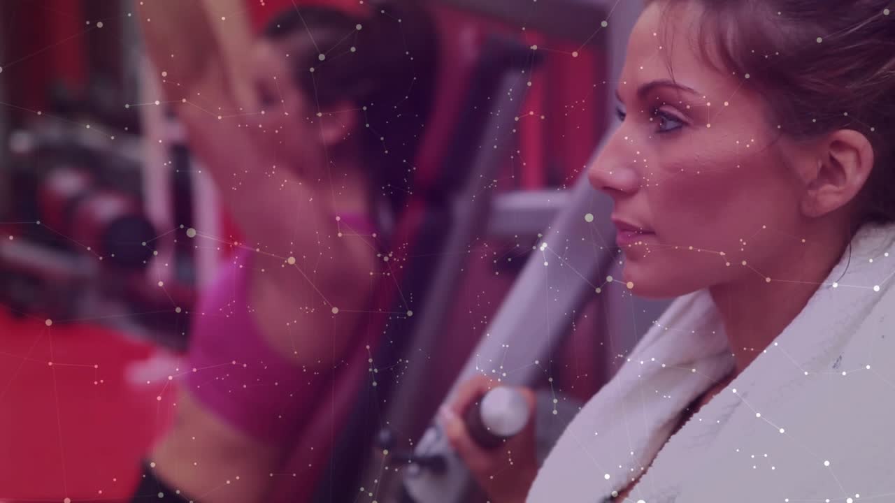 Lead woman gripping bar, starting reps in gym, HUD tracking metrics for fitness, partner mirroring