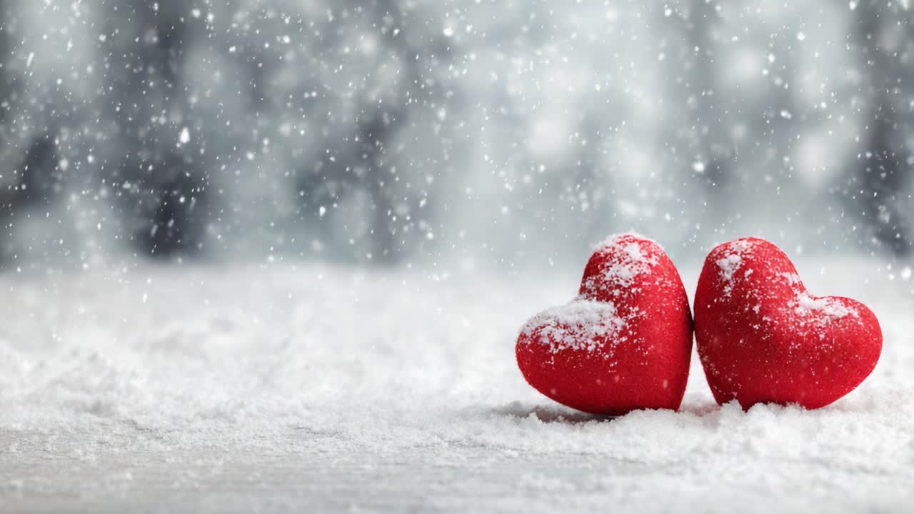 Two Red Hearts in a Winter Wonderland, Surrounded by Snowflakes and a Soft Blanket of Snow, Symbolizing Love and Warmth in a Chilly Atmosphere