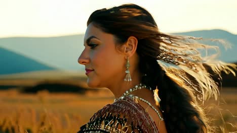 mujer en un campo con montañas en el fondo