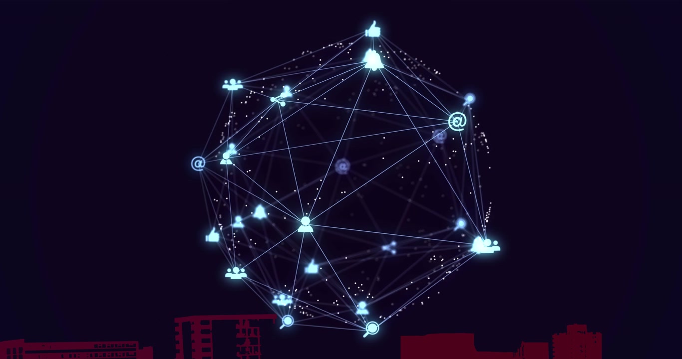Animation of globe of digital network of connections with icons over 3d cityscape model