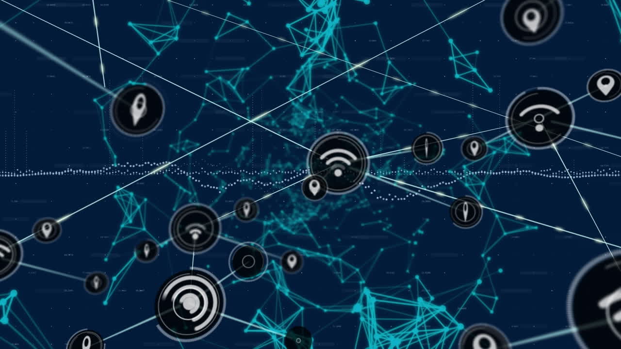 animación de la red de conexiones con iconos sobre fondo azul