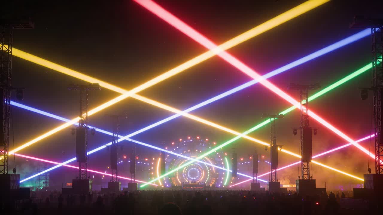Máquina de fumaça liberando névoa, estrutura de iluminação varrendo lasers coloridos em show, anel de LED pulsante para a multidão.