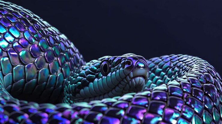 Close-up de um vídeo de uma cobra com escamas iridescentes, mostrando uma textura vibrante e hipnotizante