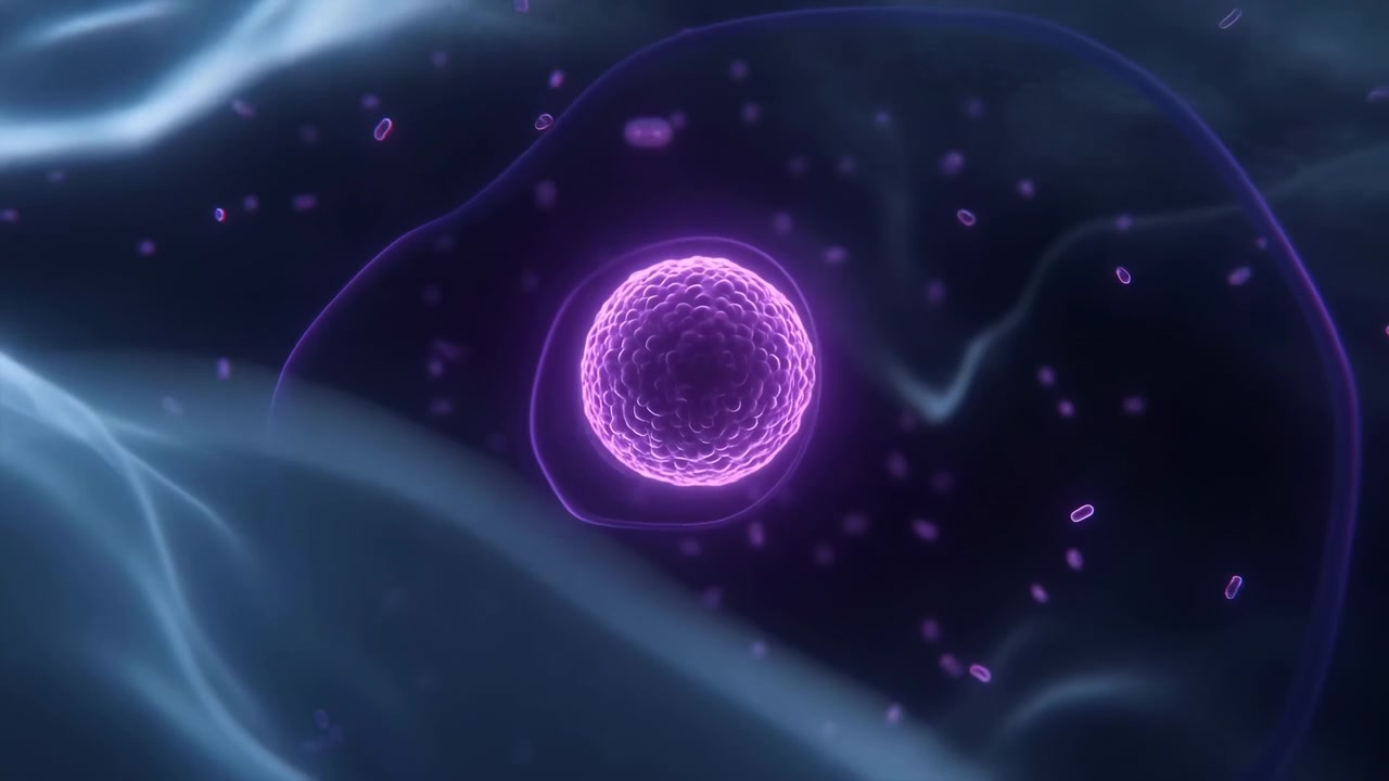 Una sfera viola luminosa fluttua contro uno sfondo astratto blu scuro con morbide onde di luce fluenti, particelle sparse e un'atmosfera futuristica.