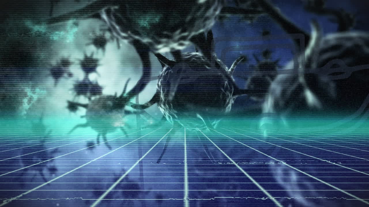 바이러스 세포와 구름 위의 모양의 애니메이션.