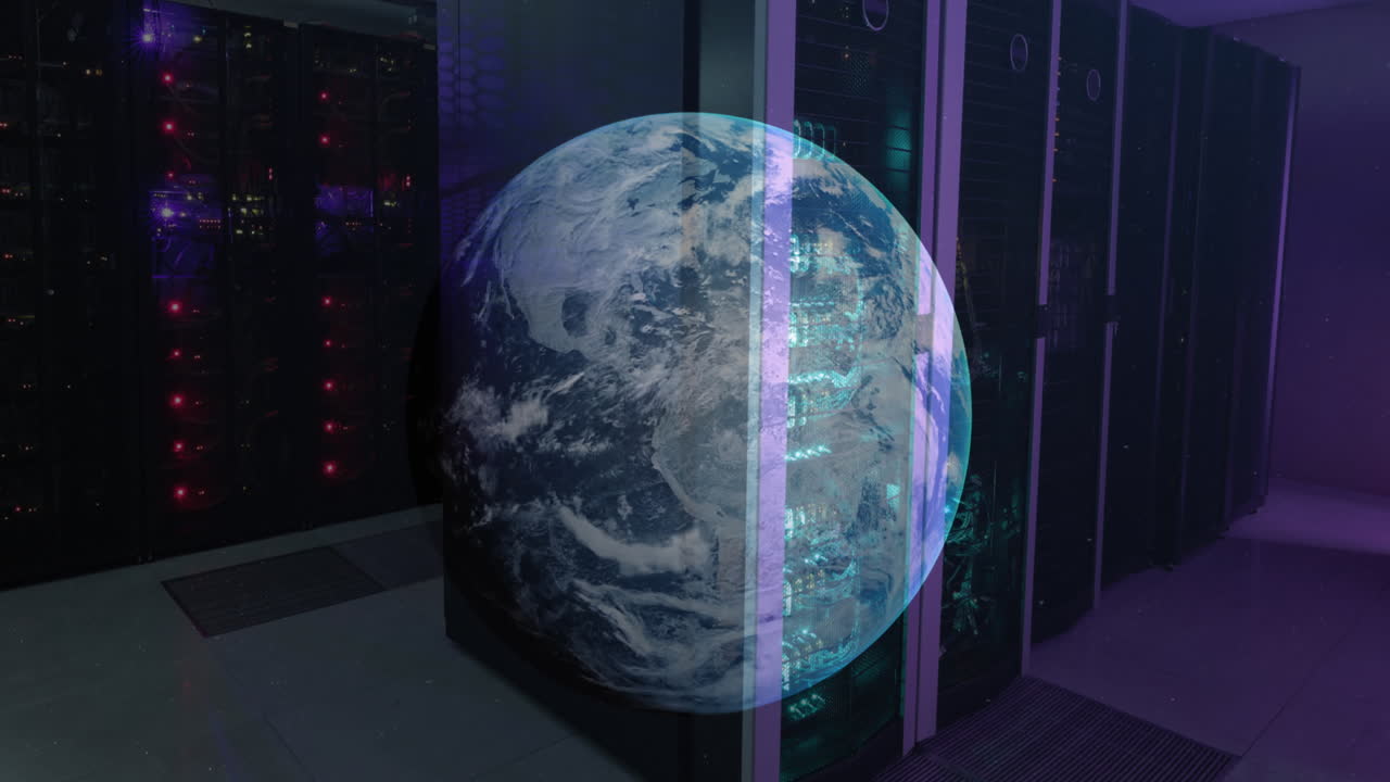 Animation of a globe against computer server room