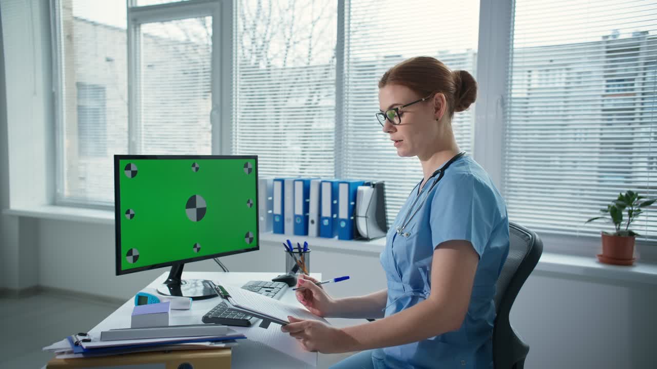 medicina por internet, el médico sentado en el lugar de trabajo habla con el paciente en línea usando una computadora con pantalla verde y hace notas en el clipboard