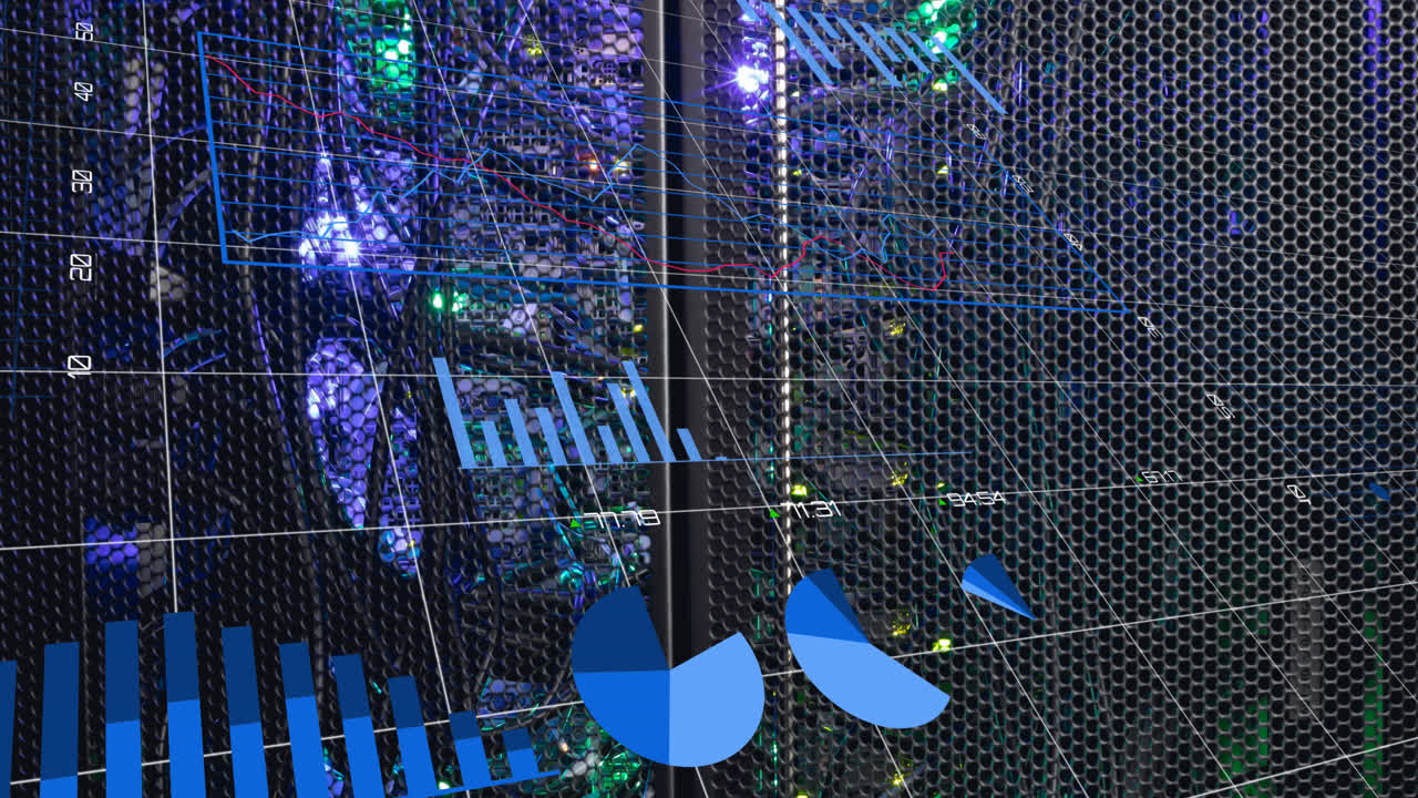 Animation of statistical data processing against close up of a computer server