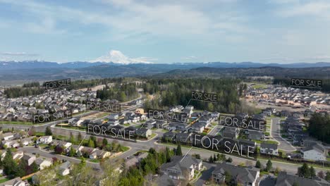 Aerial view of homes in Washington with &amp;quot;FOR SALE&amp;quot; signs animating over the neighborhood
