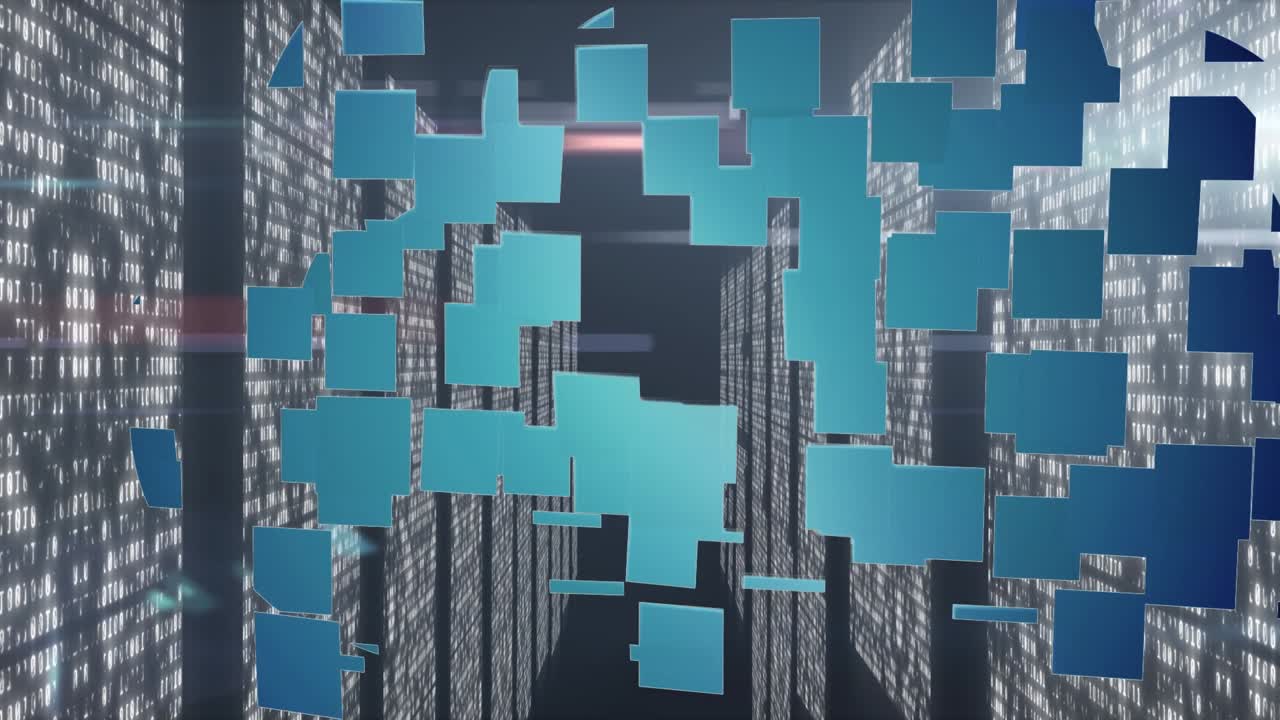 Animation of blue squares making cloud over lights and servers