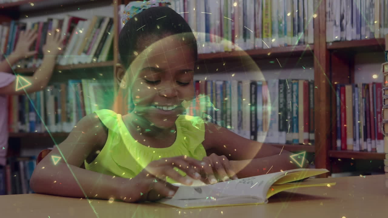 Geometrical shapes and mathematical equations over african american girl reading book at library