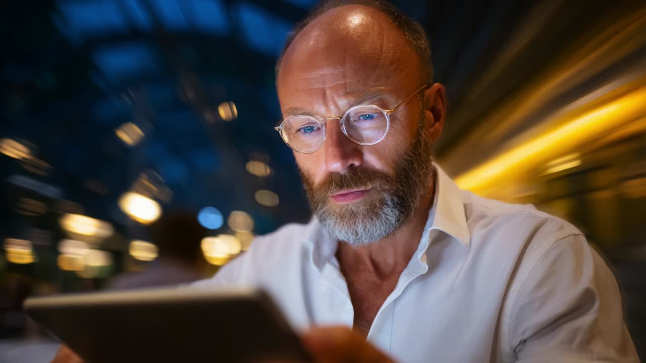 Focused Man Engaged with Tablet in a Dynamic Setting, Reflects Concentration and Intensity Amidst a Blur of Motion and Light, Highlighting the Modern Intersection of Technology and Thought